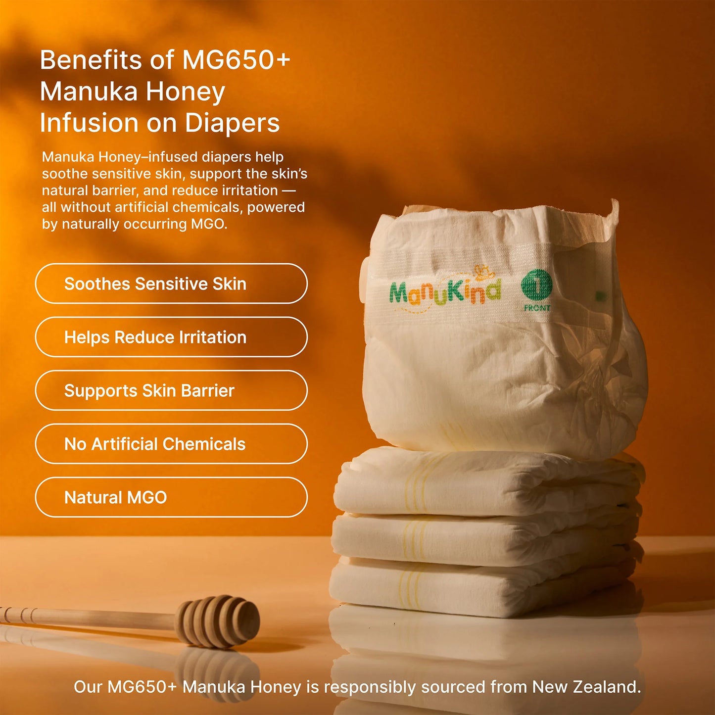 Benefits of MG650+ Manuka honey in Manukind baby diapers including natural antibacterial and skin-soothing properties