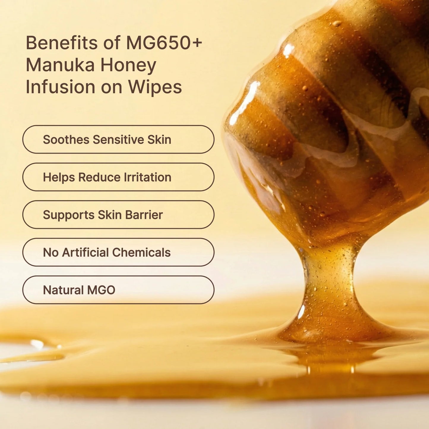 Manuka honey being dripped onto wipes with text listing Manukind benefits on a beige background