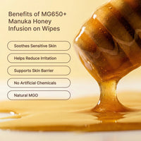 Manuka honey being dripped onto wipes with text listing Manukind benefits on a beige background