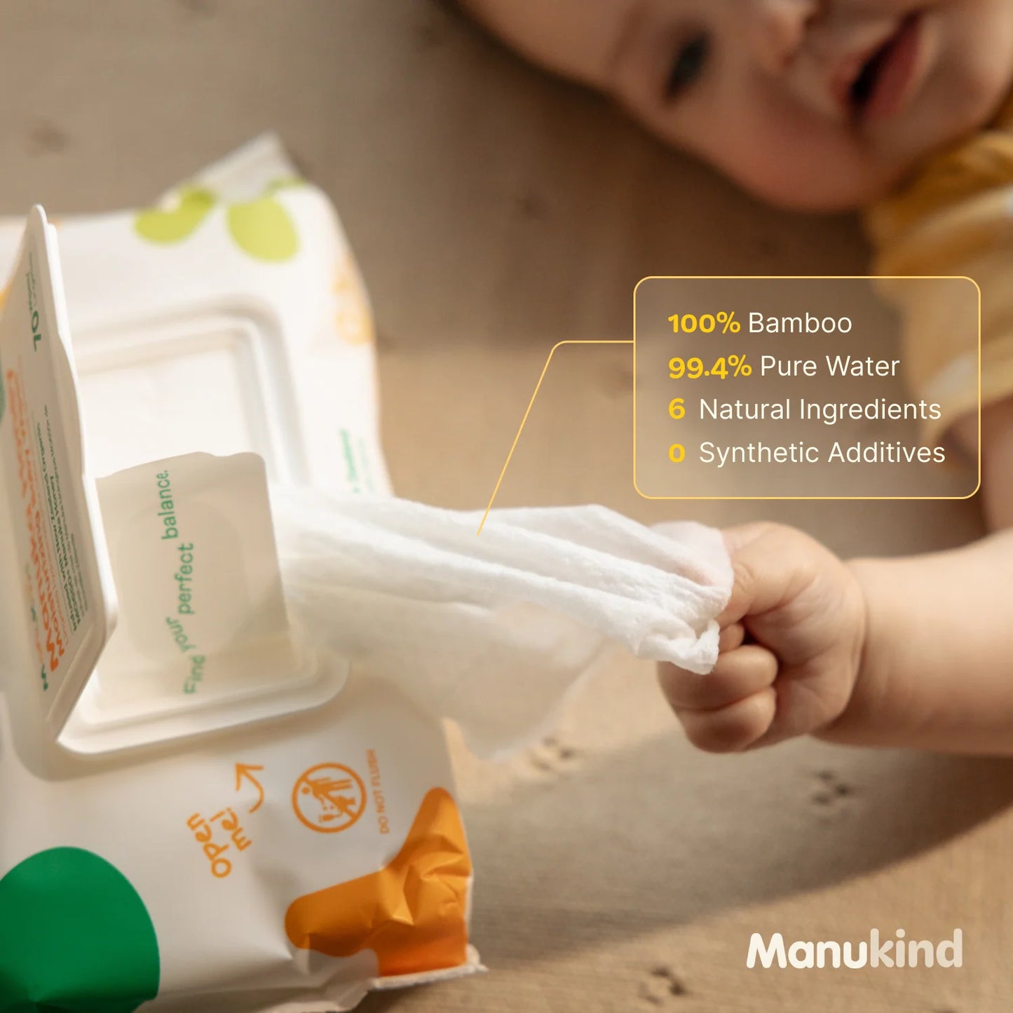 Child reaching for a package of Manukind wipes with Manukind product details overlayed.