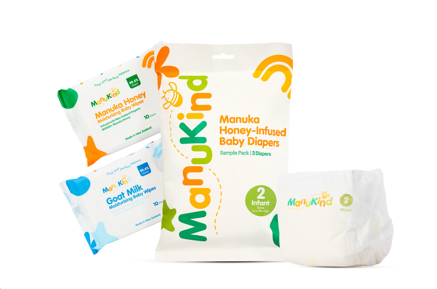 Manukind sample pack featuring Manuka honey baby wipes, goat milk baby wipes, and Manuka honey diapers size 2